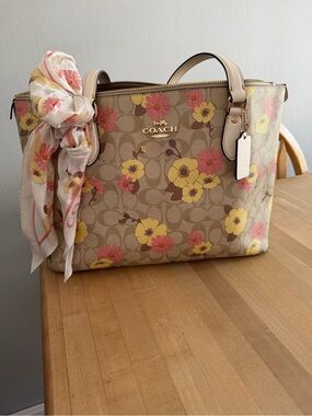 COACH Beige Floral Tote with Yellow & Pink Blooms
